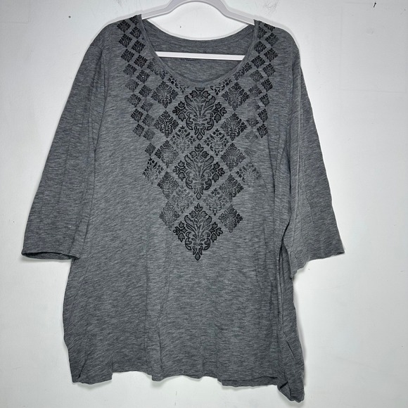 Catherines Tops - Catherines Womens 2X 22/24W Gray Damask Rhinestone 3/4 Sleeve Knit Top Tunic